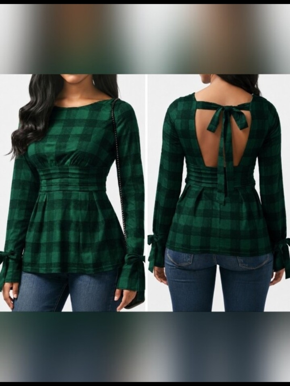 Green Plaid Open Tie Back Peplum Top Bell Sleeve Blouse Coquette Gothic Size 7